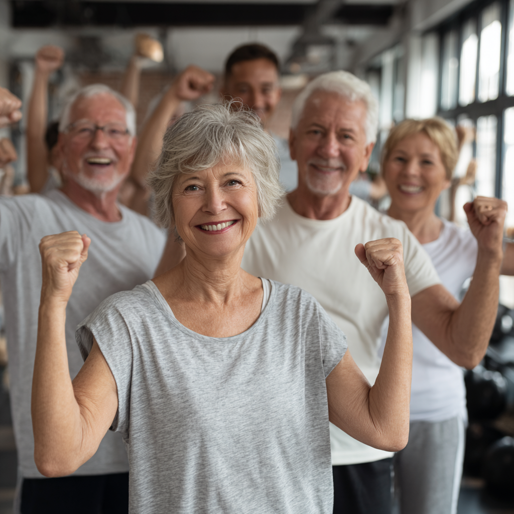 Group of middle-aged and older adults celebrating fitness achievements together in welcoming environment