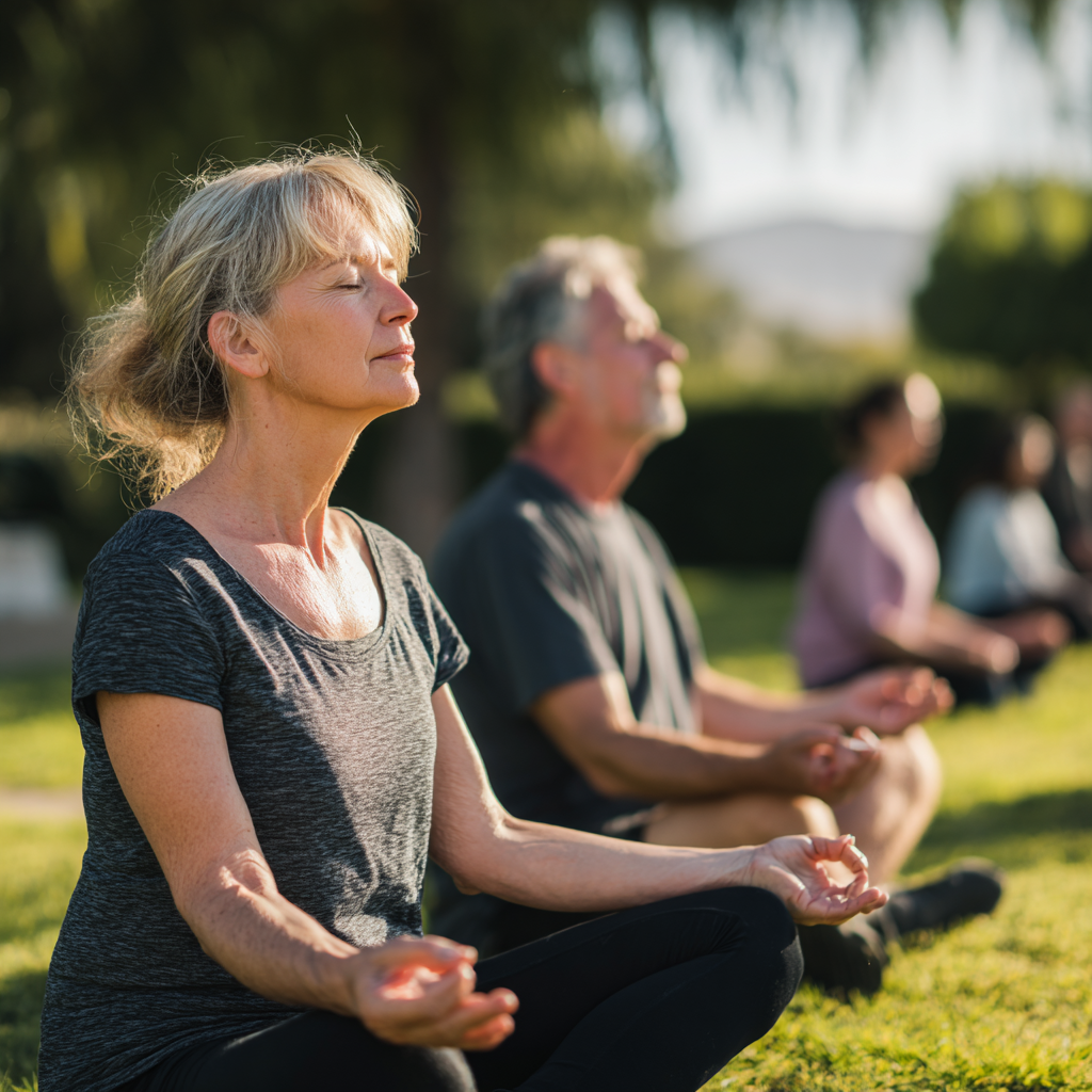 Middle-aged adults practicing mindful movement exercises in bright natural setting